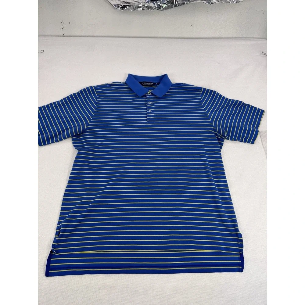 Polo Golf Ralph Lauren Mens Large Blue Yellow Striped Pima Cotton Polo Shirt